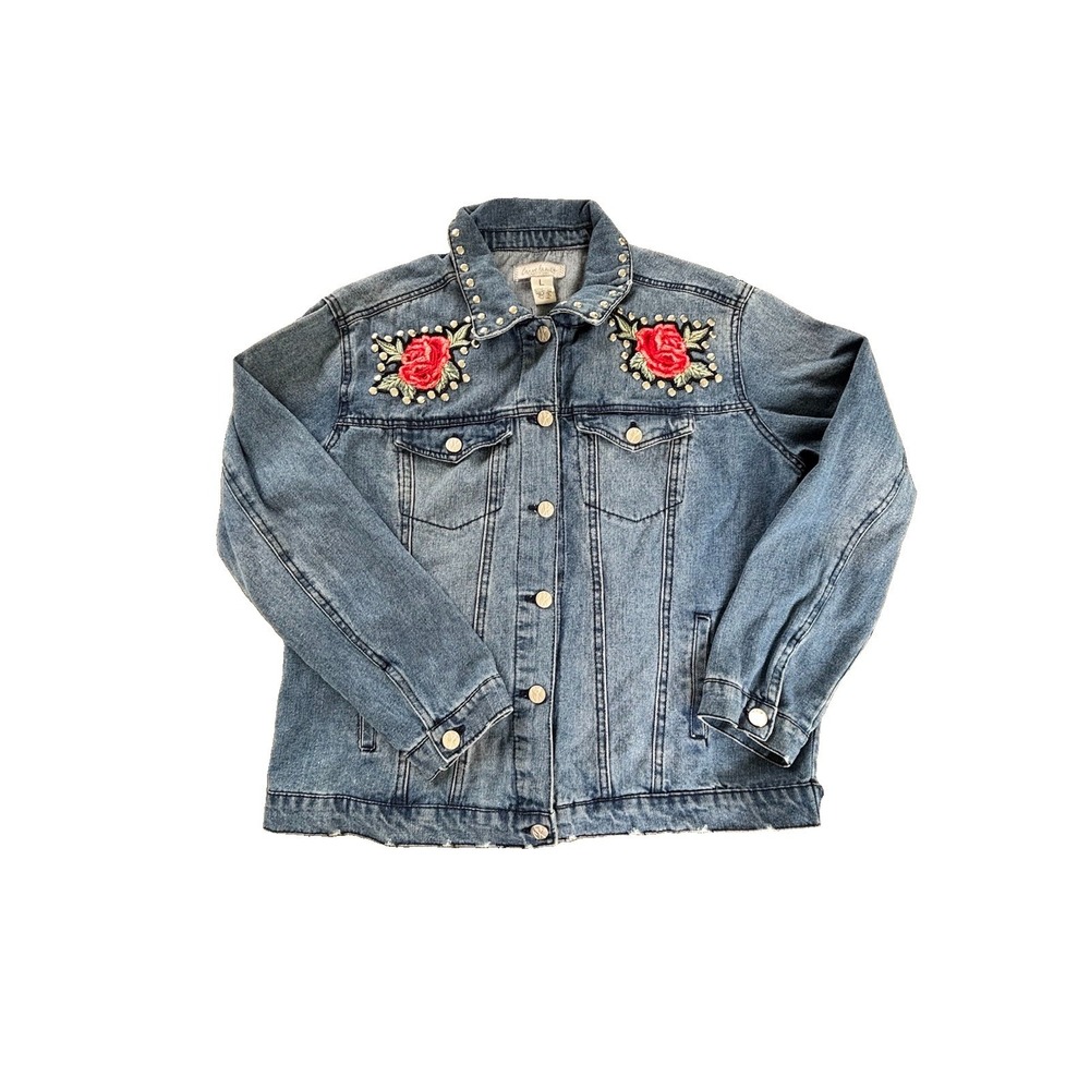 Womens Embroidered Rose Denim Jacket Pearl Studs Light Wash Size L Western